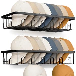 Hat Rack for Wall, 2 Pack Large Hat Organizer with More Hooks, Holds 56 Caps, Metal Wall Mounted Hat Holder for Baseball Caps, Closet Bedroom Kitchen Bathroom, Black