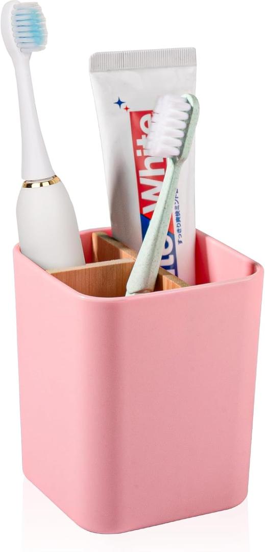 Bamboo Toothbrush Holder for Bathrooms, 3 Slots Toothbrush and Toothpaste Holder Bathroom Counter Organizer for Electric Toothbrushes, Floss, Razors - Pink