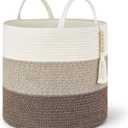 Mkono Woven Storage Basket Decorative Natural Rope Basket Wooden Bead Decoration for Blankets,Toys,Clothes,Shoes,Plant Organizer Bin with Handles Living Room Home Decor, 16"W  13.8"L