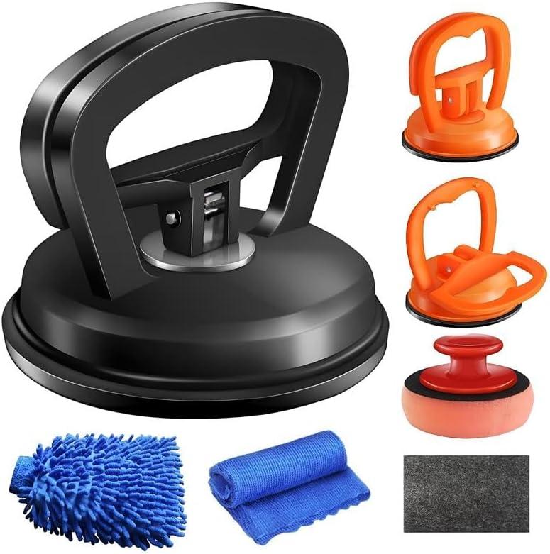 7-Piece Car Dent Puller Kit  Black & Orange Suction Cup Dent Remover Set with Large & Small Pullers, Scratch Repair Tools, Microfiber Mitt, Nano Cloth & Buffing Pad for Car Body Restoration