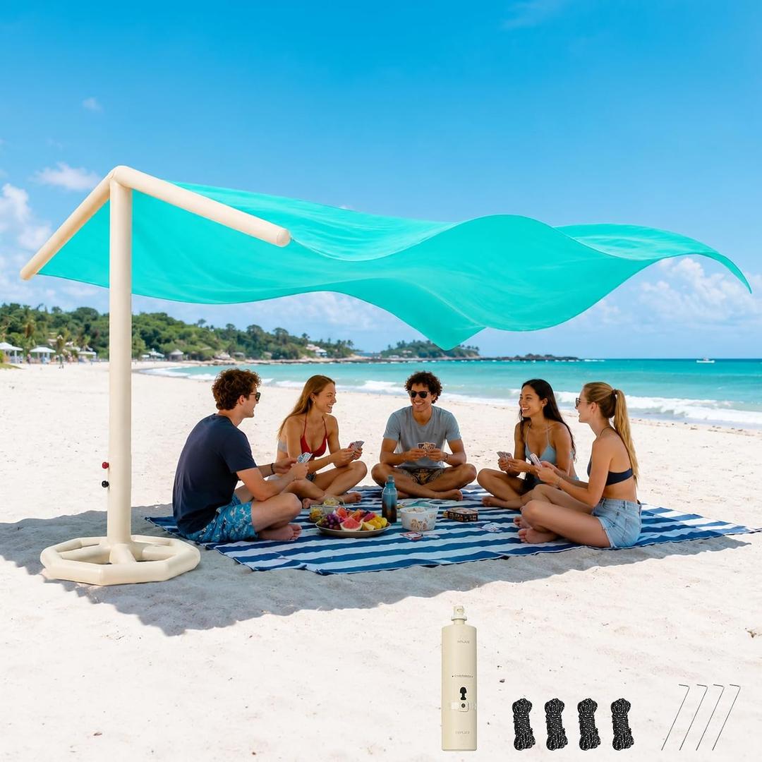 Inflatable Beach Shade with Auto Pump, Up to 5 People, UPF 50+ | Wind-Powered Portable Sun Shade Canopy with 96 Sq. Ft. of Coverage and 2-Minute Setup for Beach Trips and Outdoor Relaxation, 10 x 9.6 FT