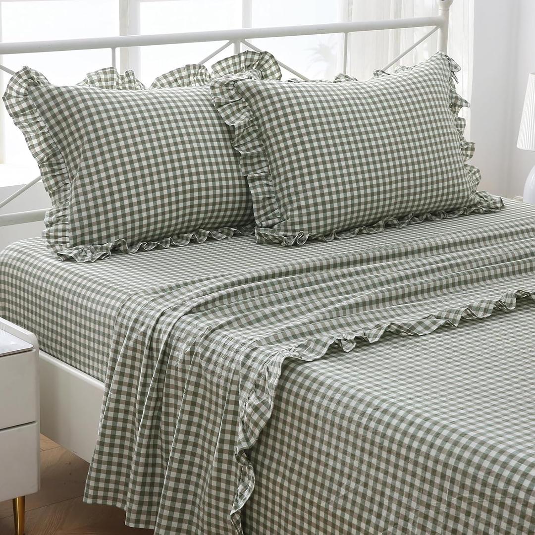 Sage Green Plaid Ruffle Sheets Queen Size 4-Piece Set, 300TC 100% Yarn Dyed Cotton Sheets Deep Pocket Farmhouse Gingham Decorative Bed Set (Sage Green/White Plaid, Queen)