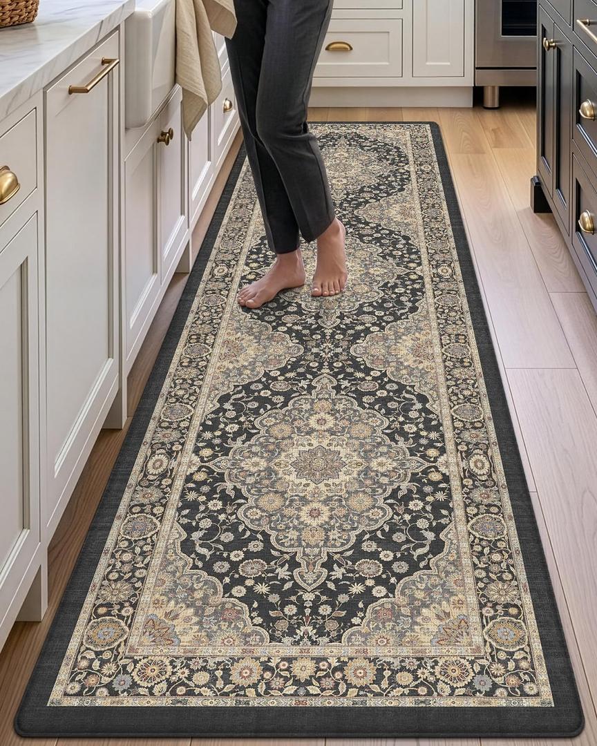 DEXI Anti Fatige Cushioned Kitchen Floor Mats Non Slip Runner 24x87, Black, 87"L x 24"W x 0.4"Th