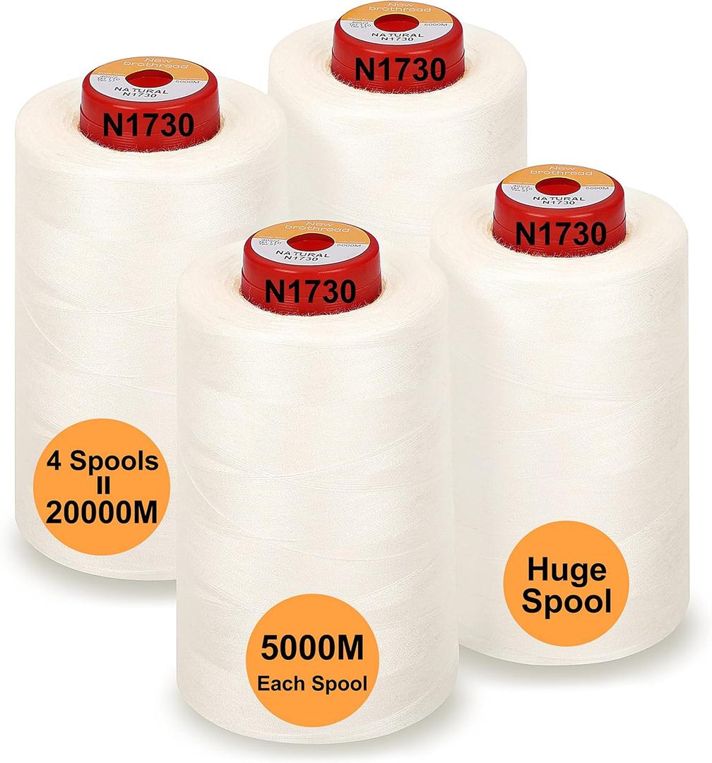 New brothread - 30 Options - 4 Large Cones of 5500Y (5000M) Each All Purpose Spun Polyester Thread 40S/2 (Tex27) for Serger, Overlock, Quilting, Piecing and Sewing - Natural