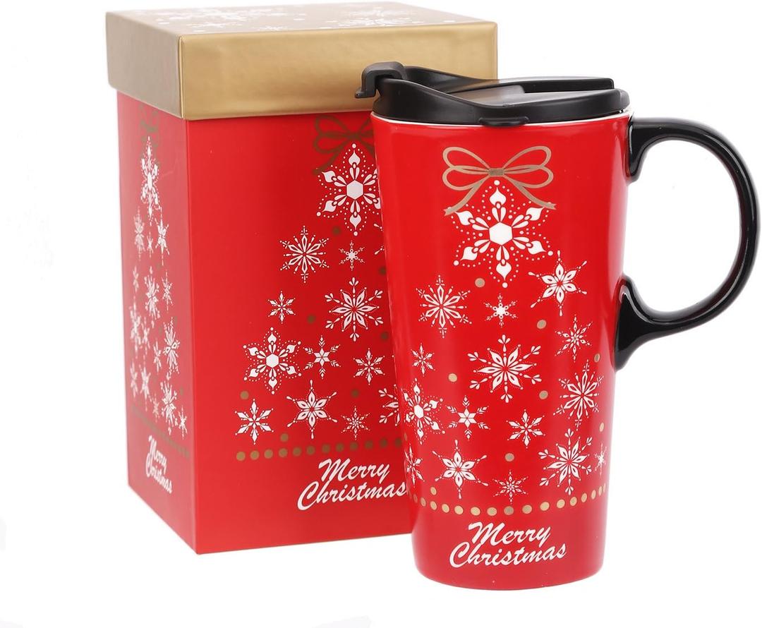 Topadorn Christmas Ceramic Mug Coffee Cup with Sealed Lid and Matched Gift Box Latte Mug 17oz(Snowflake)