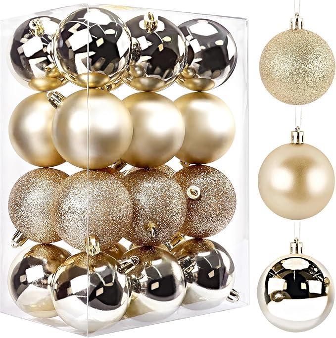 Christmas Ball Ornaments, 24ct 2.36" PreStrung Hanging Ornament Decorations with 3 Different Finishes, Xmas Shatterproof Plastic Balls for Wreath Garlands Trees, Thanksgiving Decor (Golden Yellow)( Some Are Broken)