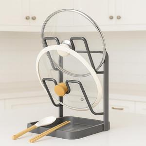 Kitchen Pot Lid Storage Rack, Double Layer Pot Lid Organizer Rack & Holder While Cooking, Metal Pot Lid Stand with Spoon Rest and Removable Drip Tray, Space-Saving Design (Gray, 2)