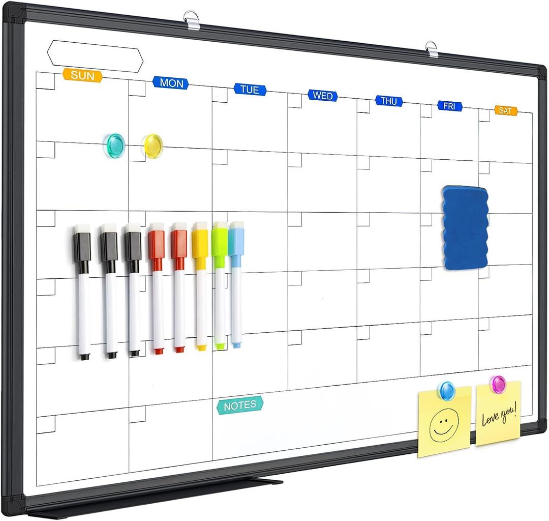 Magnetic Dry Erase Calendar Whiteboard for Wall 36"x24", Monthly White Board Calendar Dry Erase Wall Hanging Aluminum Frame with Tray for Home, School, Office
