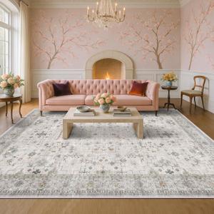 Hazo Haus Boho Light Grey Living Room Rug 9x12 - Modern Vintage Eclectic Floral Pastel Neutral Taupe, Washable Low Pile Non-Slip Extra Large Area Rugs for Dining Under Table Bedroom