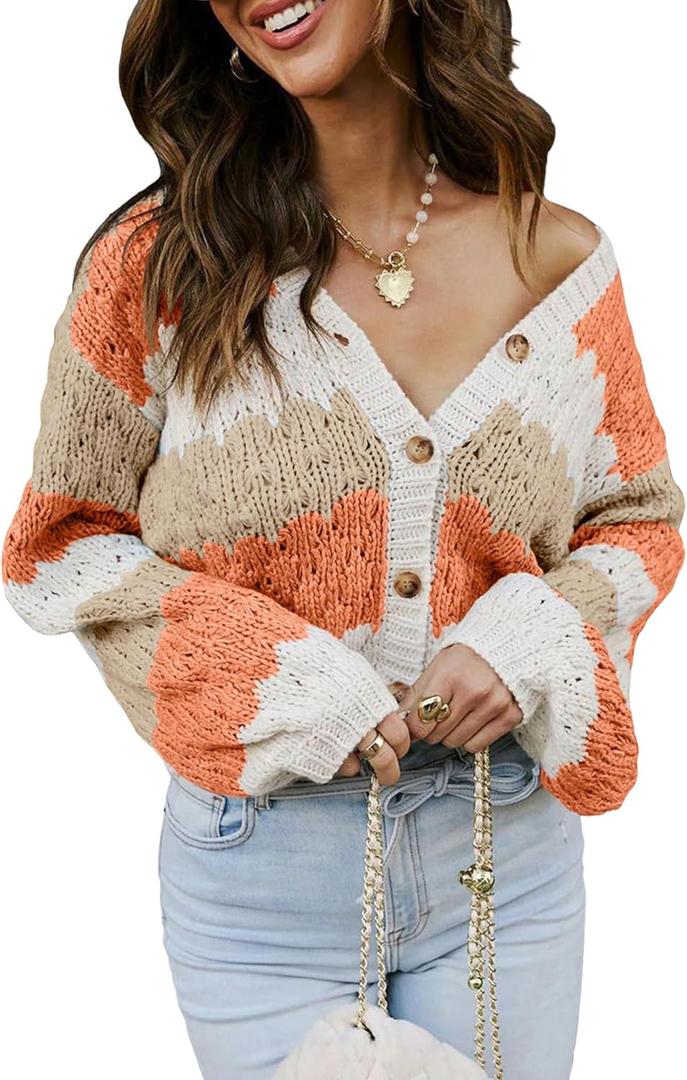 ECOWISH Women's Cropped Cardigan Sweaters 2025 Fall Striped Color Block Long Sleeve Button Up Knit Sweater Y2k Coats (Orange)