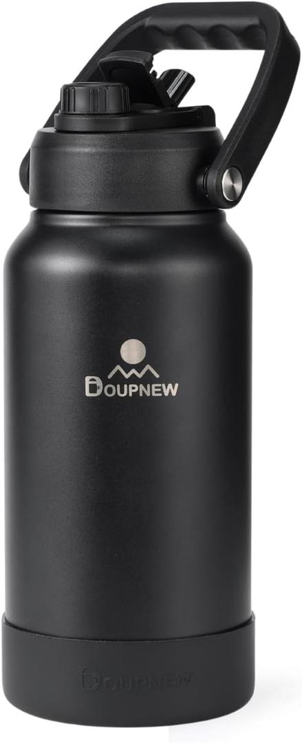 64oz Water Bottle,Half Gallon Stainless Steel Insulated Bottle with Leak Proof Dual-Mode Lid,Straw & Chug Drinking,Large Handle,Keeps Cold 24H Hot 12H for Gym,Outdoor & Use (Midnight Black)