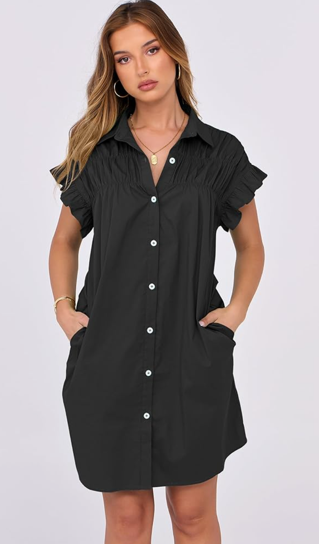 ANRABESS Womens Summer Button Down Shirt Dress Ruffle Short Sleeve Mini Dresses Loose Fit Beach Casual Sundress with Pockets, Size XXL