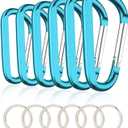 6PCS Black Carabiner Caribeaner Clip,3" Large Aluminum D Ring Shape Carabeaner with 6PCS Keyring Keychain Hook (Blue)