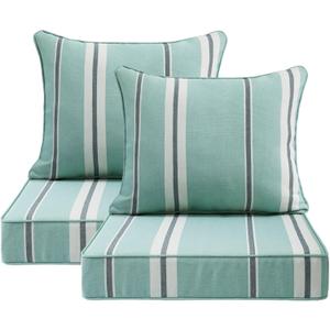 Outdoor Patio Chair Cushions Set, 24" x 24", Set of 2, Water-Repellent, Fade Resistant, Deep Seat Bottom and Back Cushion for Backyard, Couch, Sofa and Patio Furniture, Aqua Stripe