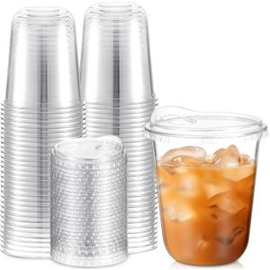Baderke 50 Pcs Round Bottom Plastic Cups with Sip Lids Clear Disposable Iced Coffee Cups for Smoothie Cold Beverage Coffee Shops and Party Catering (14 Oz, Clear)