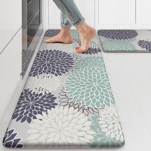 Anti Fatigue Kitchen Mat 2PCS,Boho Dahlia Floral Kitchen Rugs Non Slip Rubber Backing,Waterproof Farmhouse Kitchen Mat for Floor,Cushioned Standing Mat for Office,Laundry,Sink,Desk,Multi Cyan (17.3" x 47 "+ 17.3" x 29 "--0.47 inches, Bluish Blue)