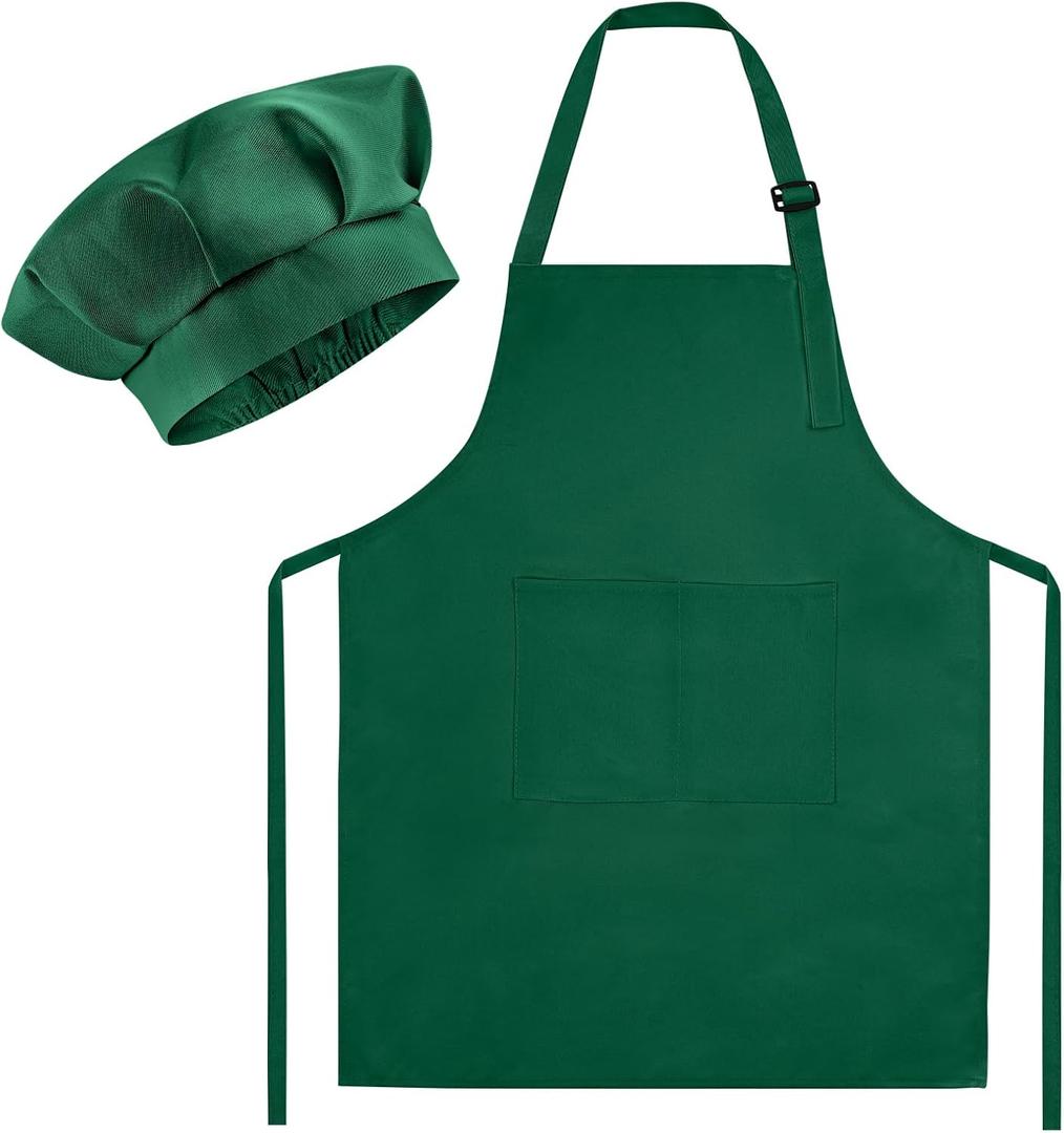 Morcheiong Kids Chef Hat and Apron Set, Adjustable Children's Painting Apron and Chef Hat with 2 Pocket for Cooking Painting (Deep Green)