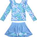 Girls Rash Guard Swimsuit Set Long Sleeve 2 Pieces Bathing Suit Swimming Skirt with Shorts, 6-7Y, Blue