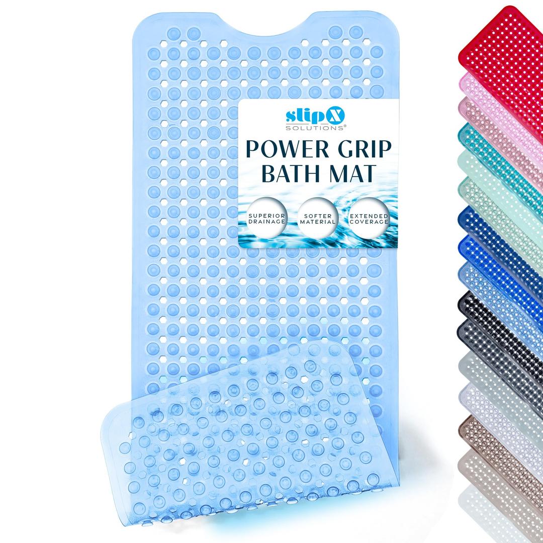 SlipX Solutions 39"x16" Power Grip Non Slip Bathtub Shower Mat, Lt Blue