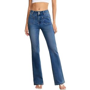 Sidefeel Women's Flare Jeans High Waisted Wide Leg Stretchy Bell Bottom Front Pockets Denim Pants, Size: XS