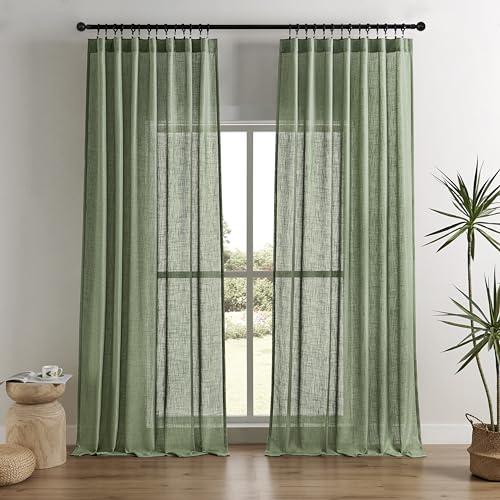 Joydeco Olive Green Linen Curtains for Living Room 108 Inch Length 2 Panels Set,Semi-Sheer Curtains 108 Inches Long,Pinch Pleated Long Window Treatments Curtain & Drapes(W52 x L108 Inch, Loden)
