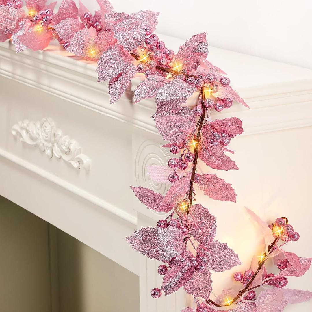 Syhood 1 Pcs Christmas Glitter Berry String Garland 6ft Artificial Lighted Berry Holly Leaves Garland Indoor Outdoor LED for Christmas Holiday Fireplace Mantel Decor (Pink)