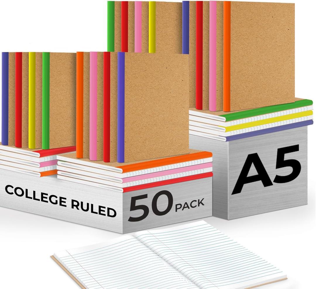 Rosmonde 50 Pack Bulk Kraft Journals, A5, Extra Pages - 120 Pages (60 Sheets), College Ruled, 8 x 5.7, No-Bleed Paper, Bulk Composition Notebooks Lined, Kraft Composition Notebook for School