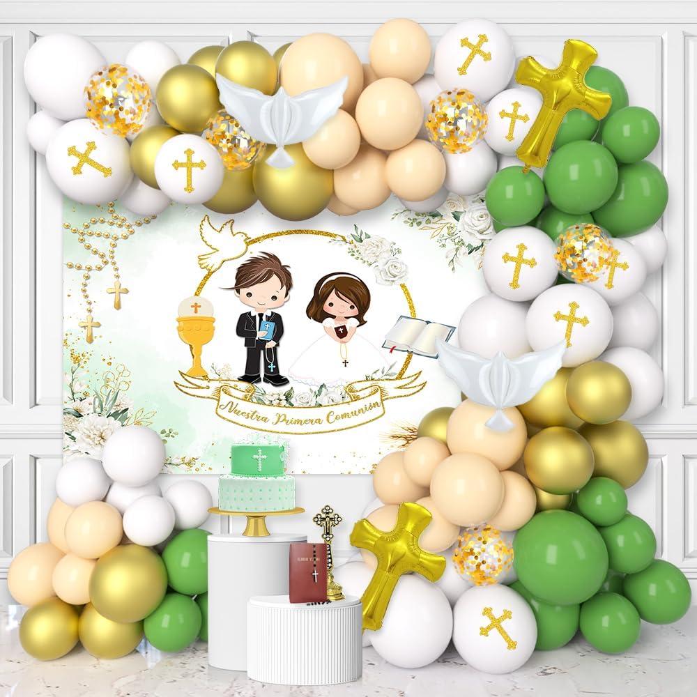 100Pcs Baptism Decorations for Twins, Nuestra Primera Comunion Backdrop Christening Party Decorations Green and Gold Balloon Garland Kit Baptism Christening Religious Party Baby Shower
