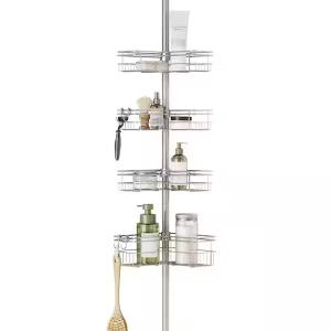 Zenna Home Tension Pole Shower Caddy Corner Organizer, Adjustable Standing Shower Caddy with 4 L-shaped Baskets and Hooks, Rust Resistant Bathroom Tension Rod Organizer, 60 to 97 Inch, Satin Nickel