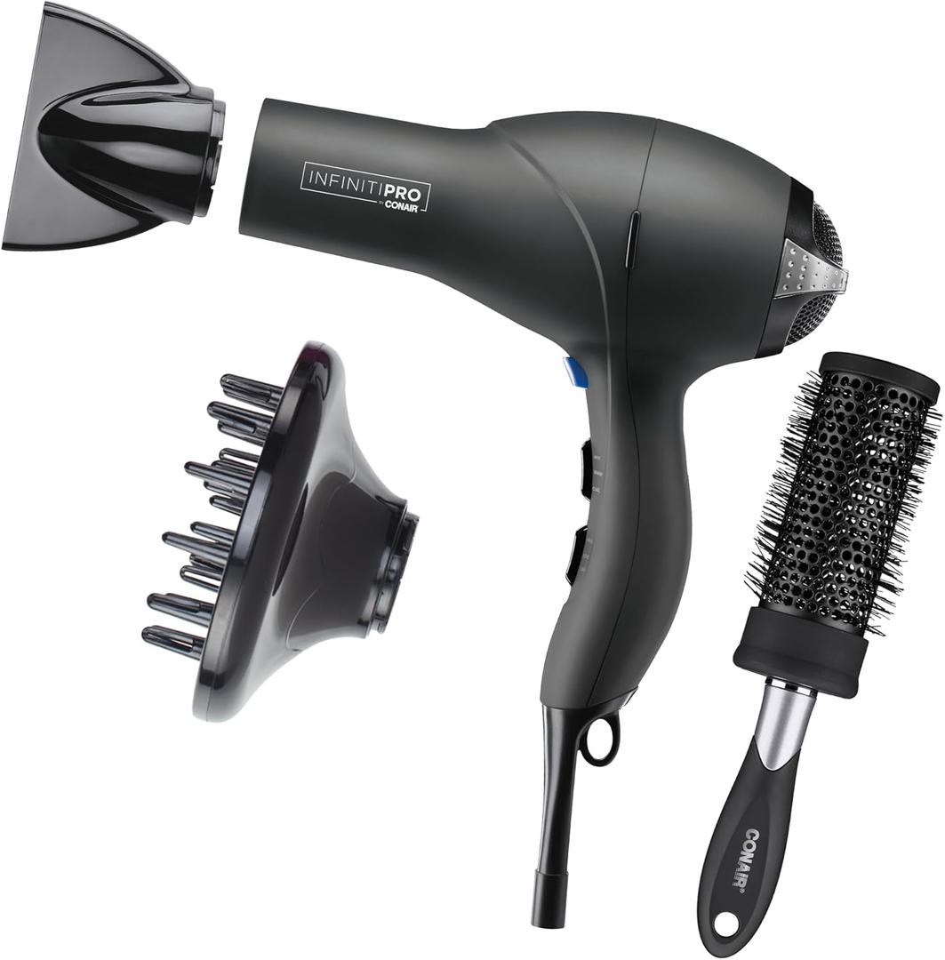 INFINITIPRO by CONAIR Hair Dryer with Diffuser | Salon Performance AC Motor Blow Dryer | Includes Diffuser, Concentrator and Bonus Blow-Out Brush | Grey 