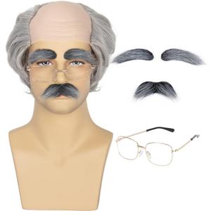 Grey Old Man Wig and Glasses Mustache Eyebrows Grandpa Funny Short Wavy Balding Cap Wigs