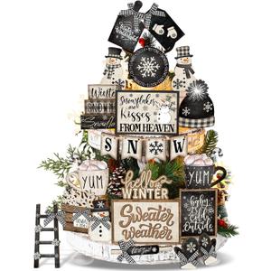CroBlissful 23 Pcs Winter Tiered Tray Decor Snowman Farmhouse Decor Christmas Tiered Sign Winter Table Centerpieces Snowman Wood Blocks Signs for Home Shelf, Without Tray(Black, White,Snow)