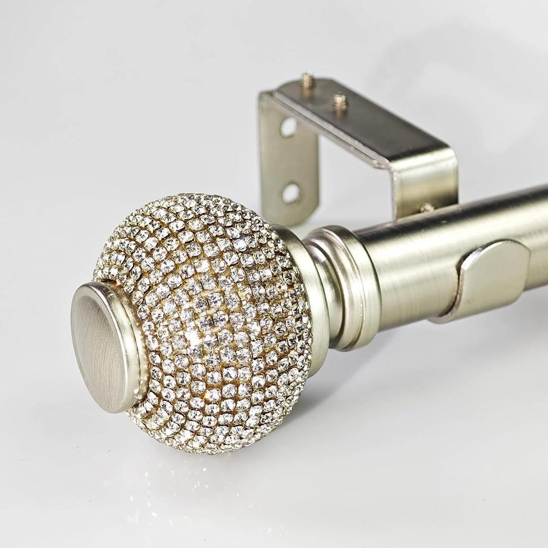 1-1/8 Inch Diameter Brushed Silver Curtain Rod with Rhinestone Finials, 36-72'' Telescoping Single Curtain Rods for window width 24-68 inch, 1 pack