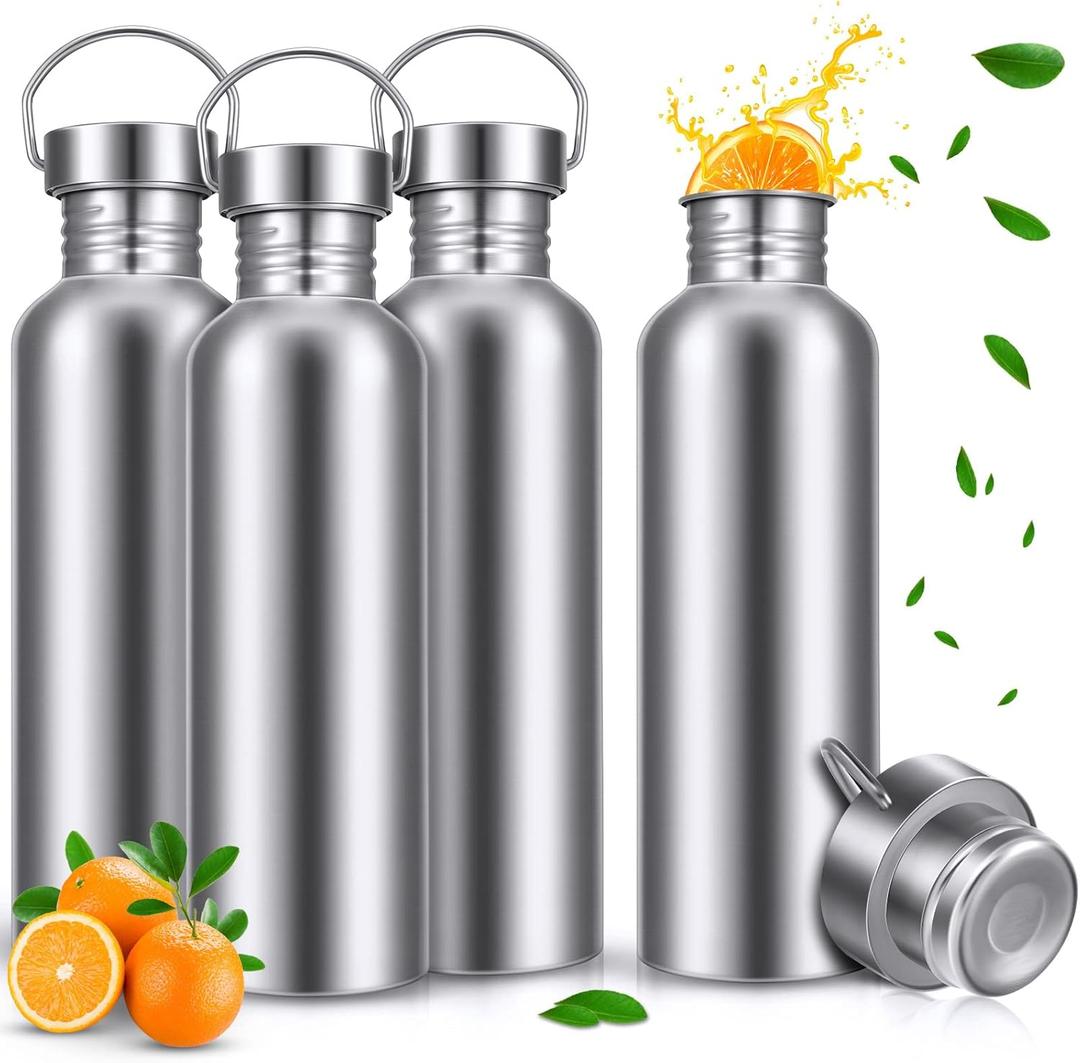 CHENGU 4 Pack Stainless Steel Water Bottles Single Wall 304 18/8 Water Bottle for Sports, Cyclists, Runners, Hikers(Silver,34 oz)