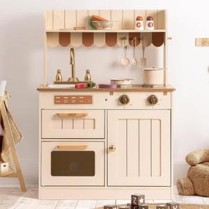 ROBOTIME Play Kitchen for Kids Toddlers, Wooden Pretend Play Kitchen Set Toy with Cutting Food Set, Toys Kitchen Gift for 3+ Year Old Kids, Girls & Boys, 23 x 11.7 x 32 inches
