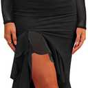 Hocuos Womens 2024 Round Neck Long Sleeve Ruffle Hem Midi Dress Mesh Ruched Bodycon Formal Cocktail Wedding Guest Dresses-Black Medium
