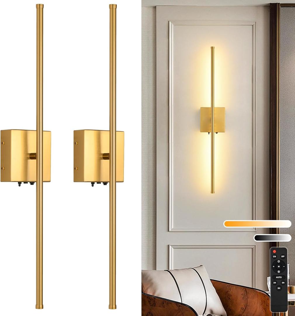 Battery Operated Wall Sconces set of 2, 11000mAh Wireless Rechargeable Gold Wall Lights with Remote Control, 350Rotate Dimmable Wall Lamp, 3 Color Temperatures, for Bedroom, Living Room, Hallway