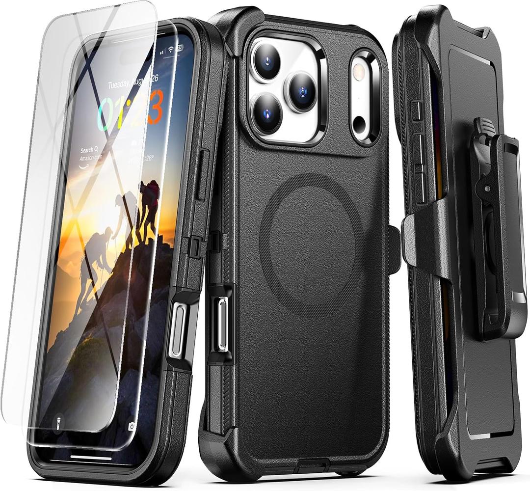 TUTUKII Compatible with iPhone 17 Pro Max Case with Belt Clip Holster, 2X Screen Protector, Shockproof, Compatible with MagSafe, 3-Layer, Heavy Duty Magnetic Phone Case Cover, 6.9", Black