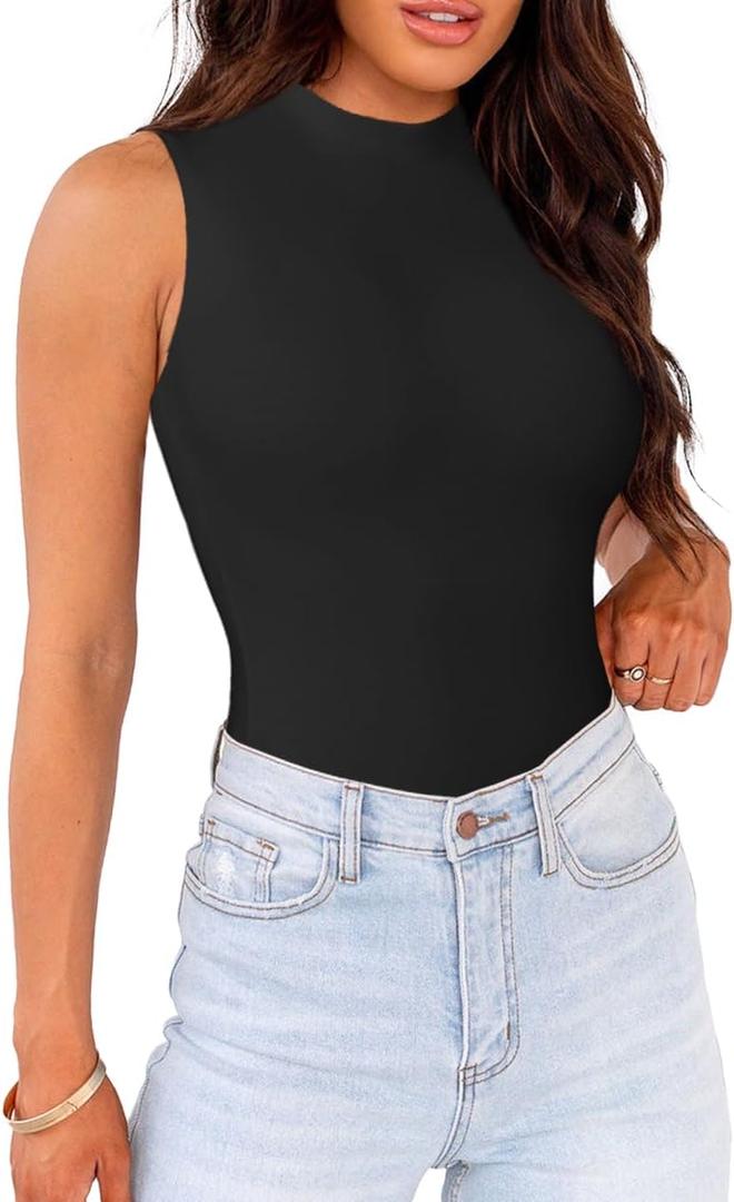WAYMAKER Mock Neck Bodysuits for Women Sleeveless Basic Tank Top Body Suit Shirts (Medium, Black)