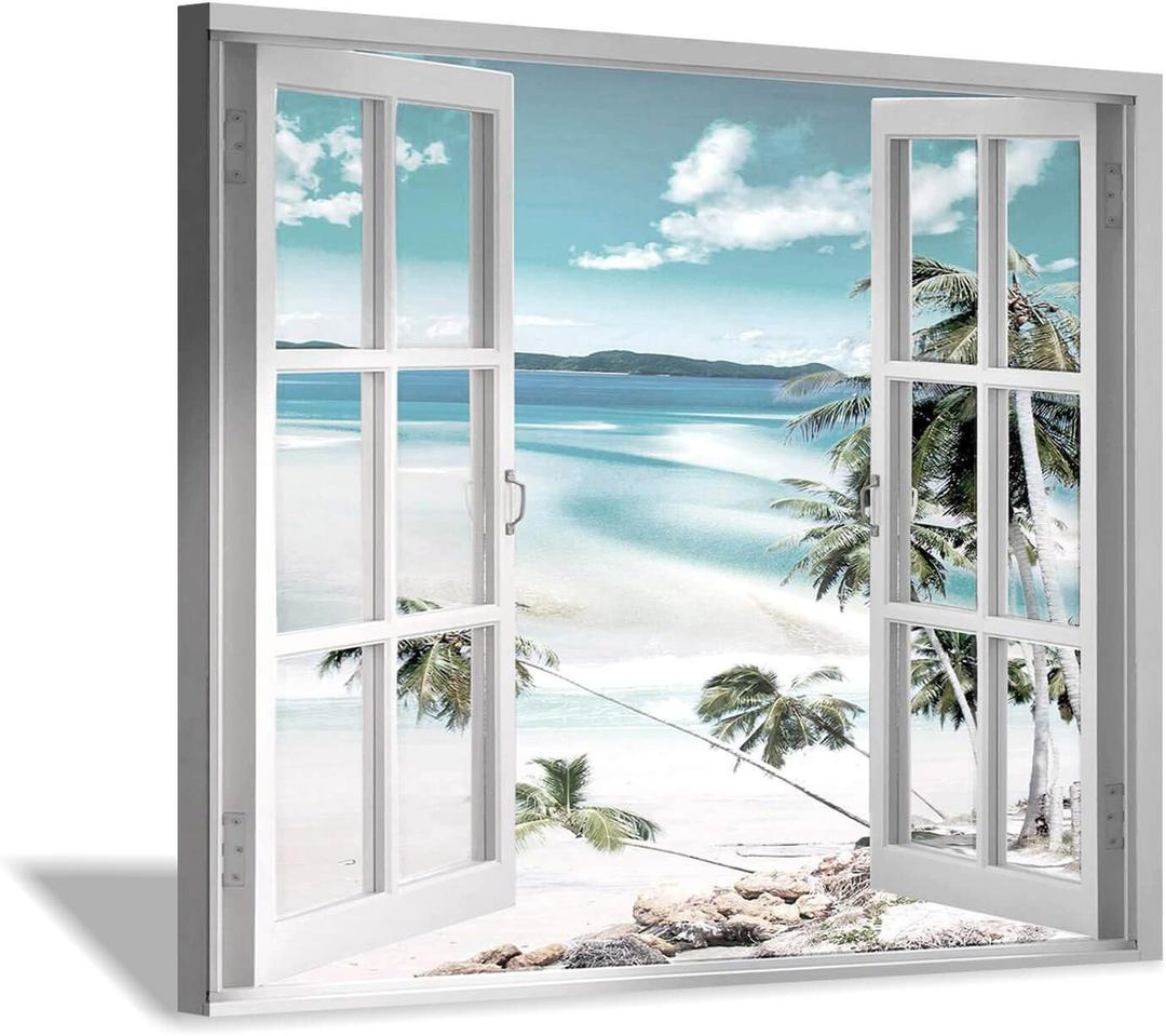 Open Windows Canvas Wall Art: Beach with Coastal Palm Graphic Artwork Print on Wrapped Canvas for Wall Decor(24''x18'')