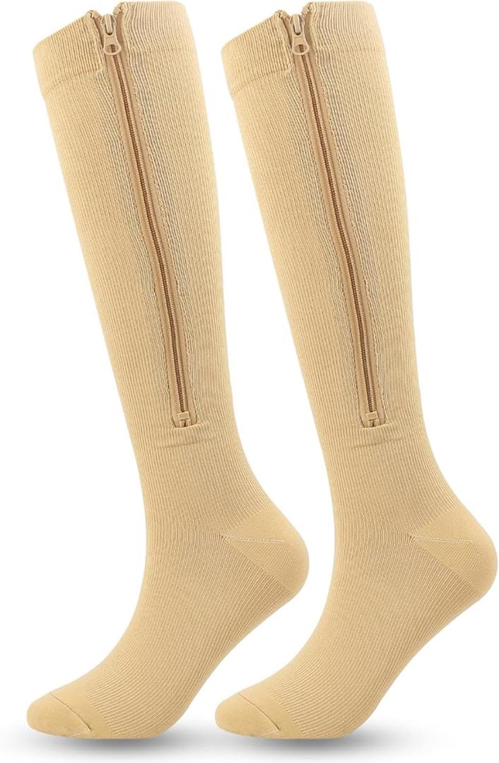 15-20mmHg Zipper Compression Socks for Women and Men - Support Knee High Socks for Nurses Travel Athletic (Large-X-Large, Skin Color)
