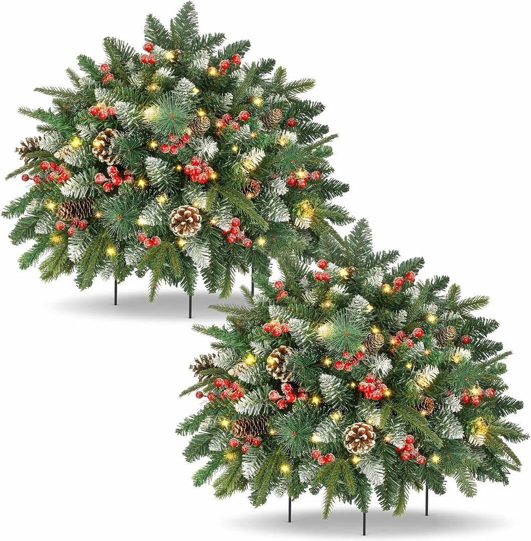 LAVEVE Prelit Small Christmas Tree 20" with 50 Warm LED Timer Lights, Battery Operated Xmas Tree with Red Berries & Pinecones, Frosted Urn Filler, Outdoor for Porch and Pathway,2 Pack