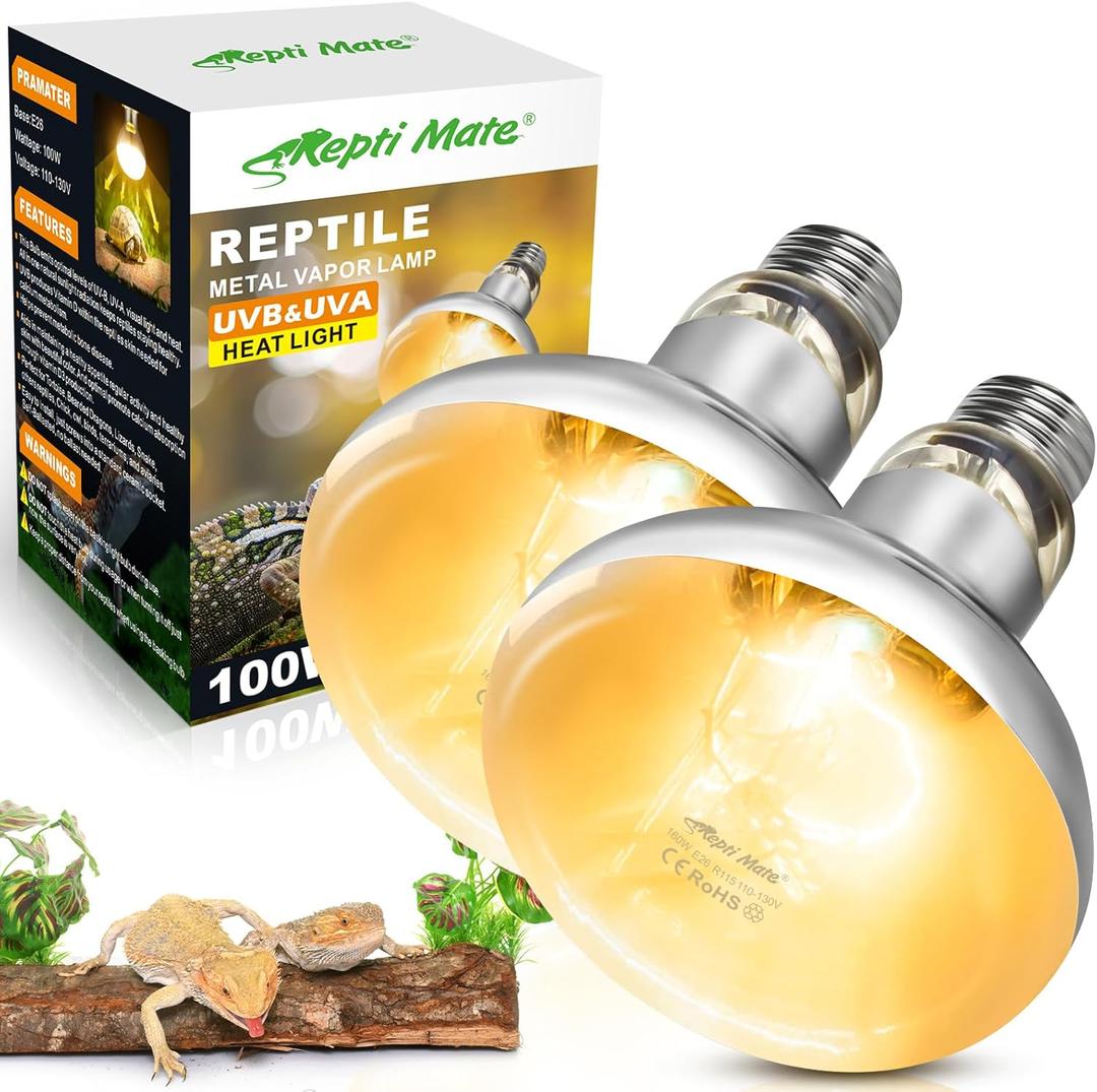 2 Pack 100W Reptile Heat Lamp Bulbs, Full Spectrum UVA/UVB Reptile Light Bulb and Basking Spot Light, UVB Light for Reptiles and Bearded Dragon, Turtle, Lizard, Snake, Amphibians