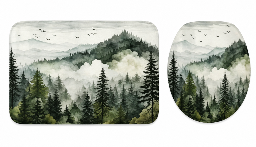 Microfiber Forest Nature Bathroom Mat and Toilet Mat Set