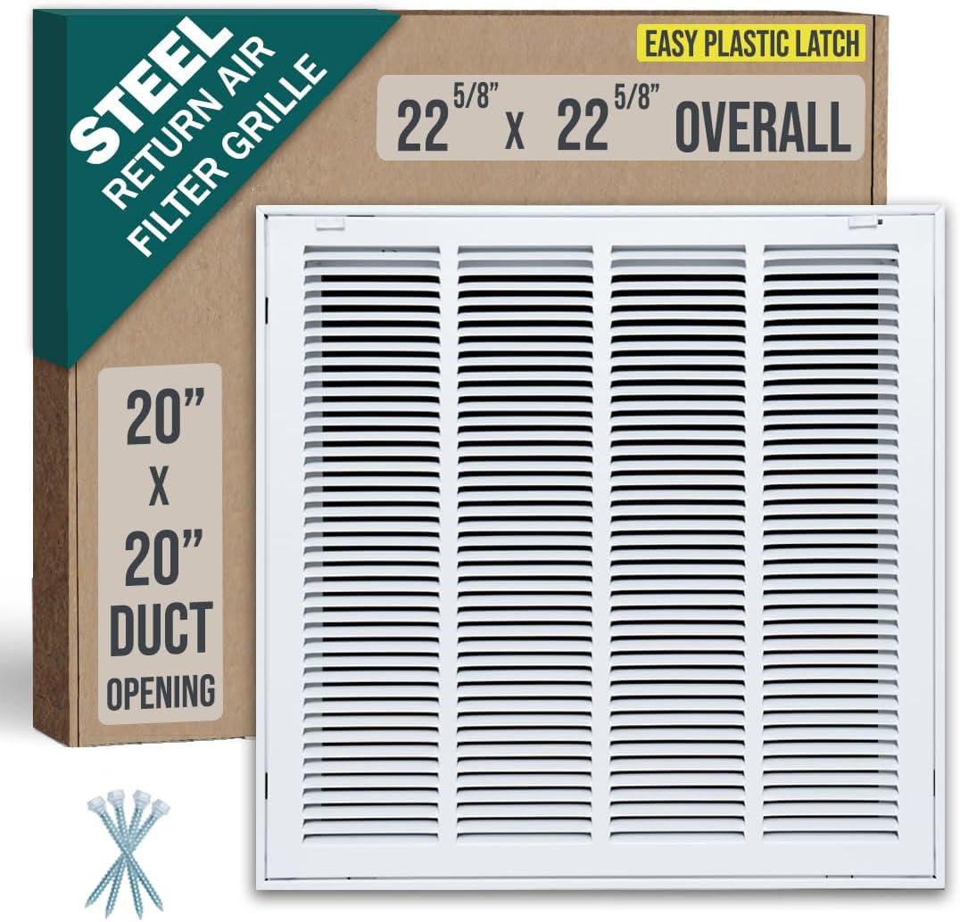 Fits 20x20 Duct Opening | Steel Return Air Filter Grille by Handua [Removable Door] for 1-inch Filters | Vent Cover Grill | White | Easy-to-Use Plastic Latches | Outer Dimensions: 22 5/8"W X 22 5/8"H