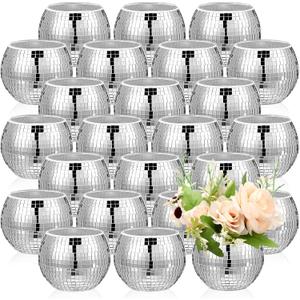 Jinei 24 Pcs Disco Vases Bulk Silver Mirror Disco Ball Flower Glass Ball Planter Candle Holder Glass Vase for Wedding Table Centerpieces Bedroom Office Birthday Decoration (3" X 4")