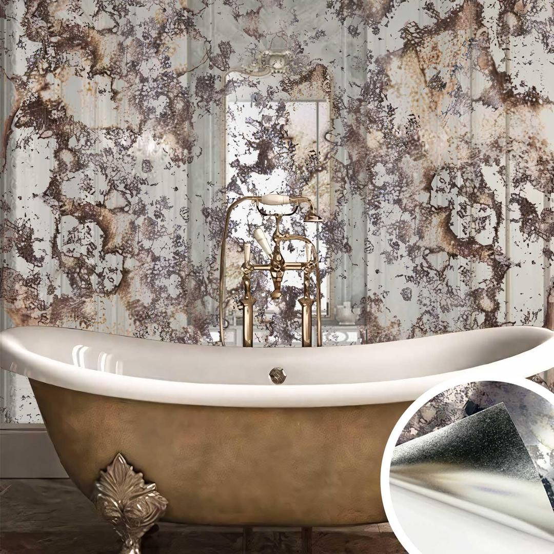 Vintage Foxed Silver Rusts Antique Chrome Reflective Style Wallpaper, Grunge Peel and Stick Contact Paper for Wall Furniture Vanity Dresser Home Decor, 45.28"x59.06"