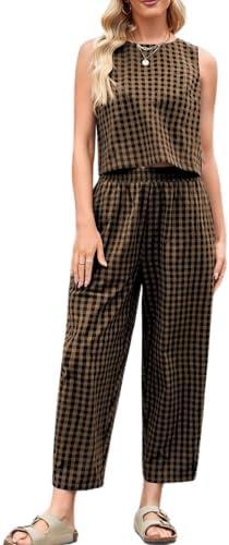 RANTAR Womens Cotton Checker Set 2 Piece Beach Vocation Outfit Summer Tank Top Pants Suit XXL