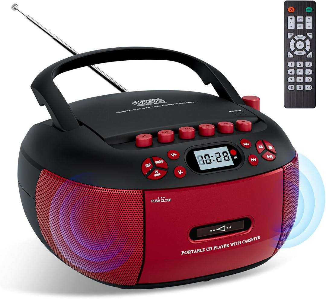 Portable CD Player and Cassette Player with Remote Control, FM Radio, USB Playback, Bluetooth Speaker, Recording Function, Battery/AC Powered for Elderly