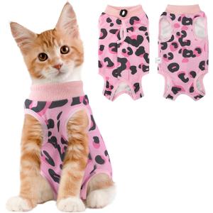 Cat Recovery Suit Female, Breathable Cat Onesie After Surgery Female for Abdominal Wounds or Skin Diseases, Surgery Recovery Suit Kitten Onesie After Spay Wear Anti Licking (Medium, Leopard Pink)